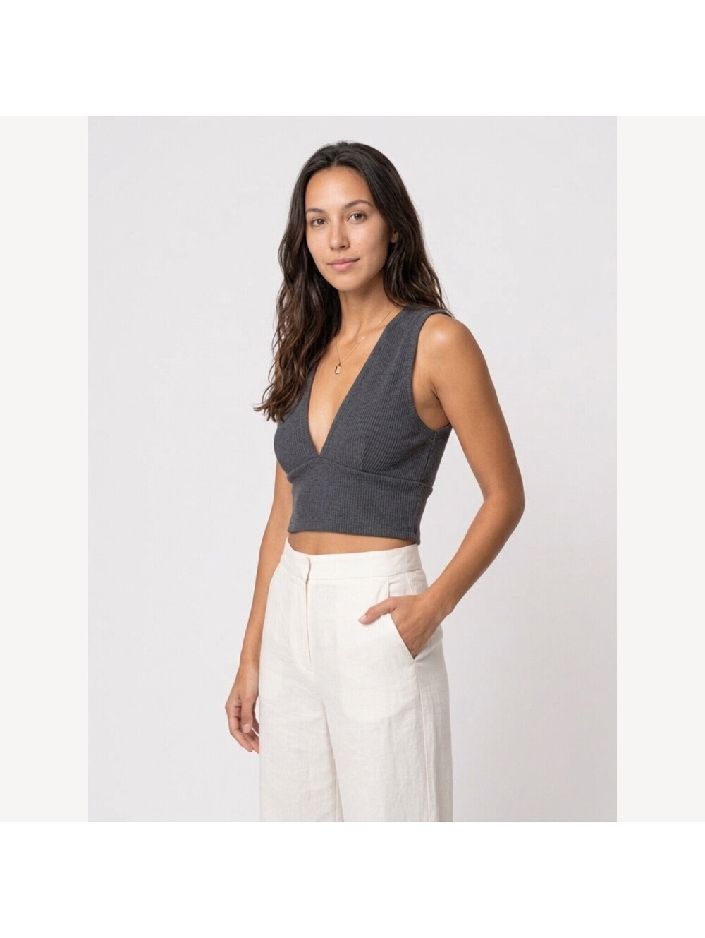 Wilfred Free Charcoal Gray Ribbed Knit Crop Top Vest XXS